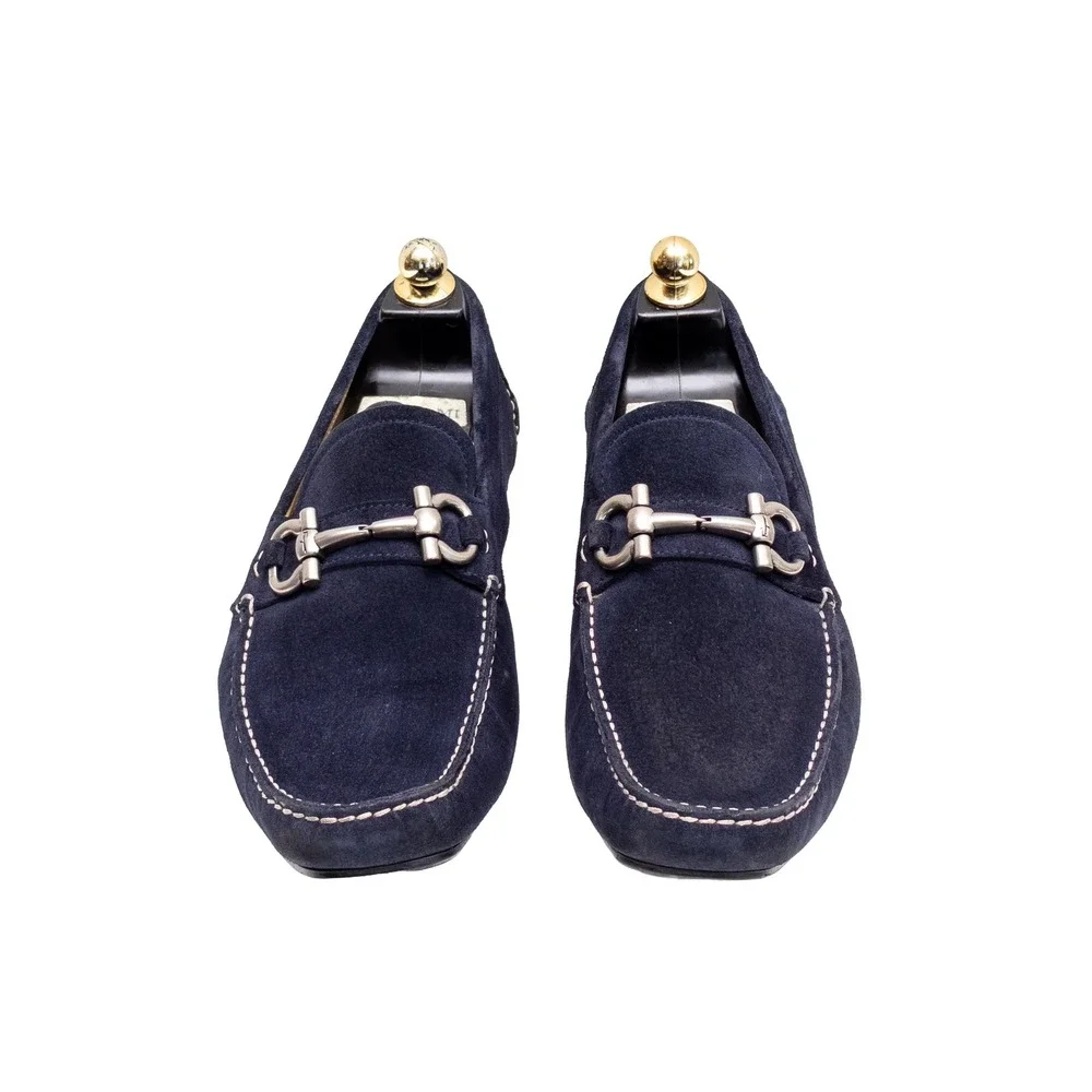 Salvatore Ferragamo Paris Navy Blue Suede Gancini Bit Loafers Mens US 11.5 D